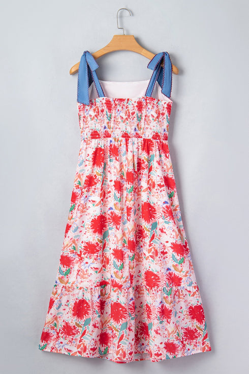 Floral Print Contrast Stitch High Waist Denim Strap Dress