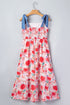 Floral Print Contrast Stitch High Waist Denim Strap Dress