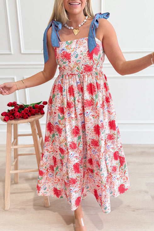 Floral Print Contrast Stitch High Waist Denim Strap Dress
