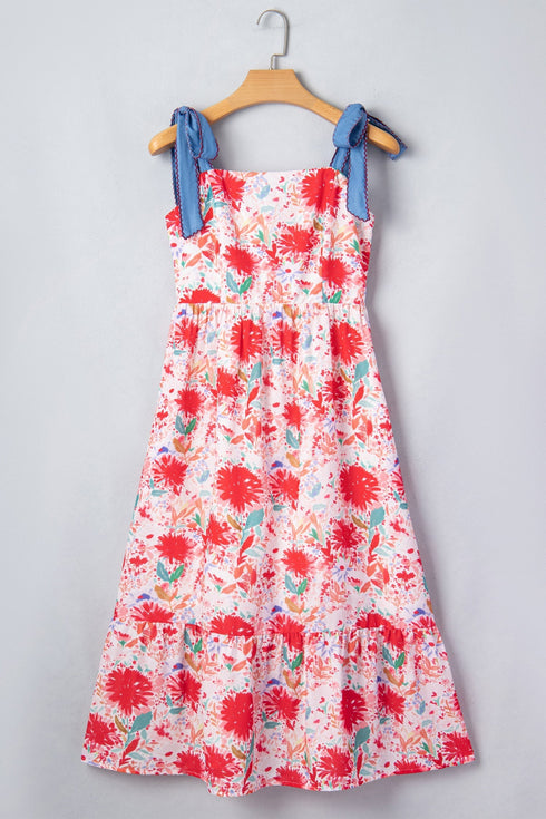 Floral Print Contrast Stitch High Waist Denim Strap Dress