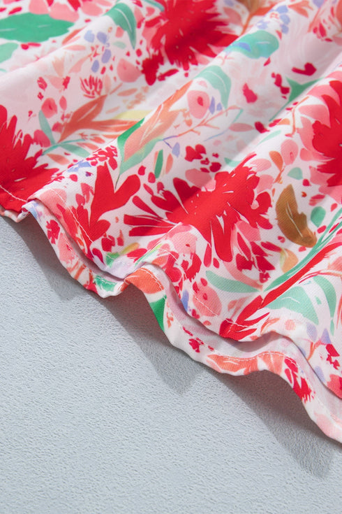 Floral Print Contrast Stitch High Waist Denim Strap Dress