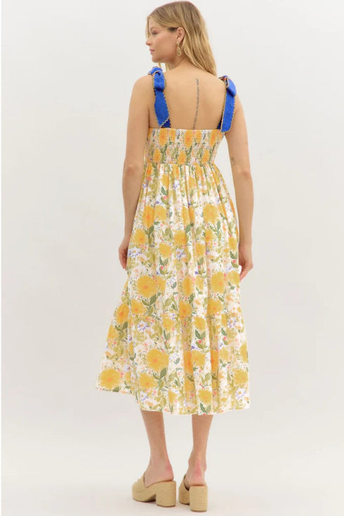 Floral Print Contrast Stitch High Waist Denim Strap Dress