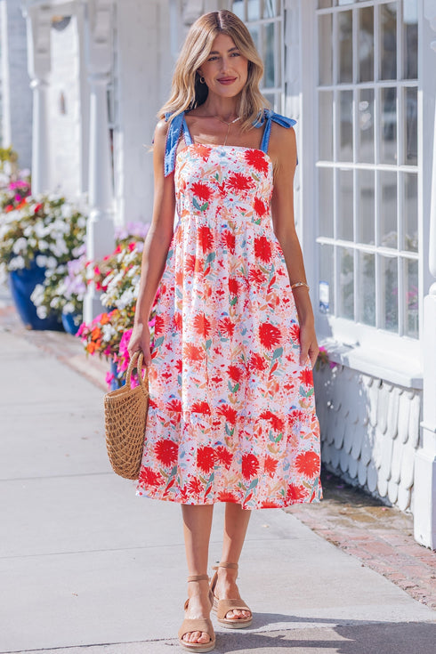 Floral Print Contrast Stitch High Waist Denim Strap Dress