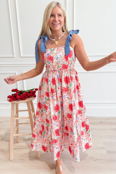 Floral Print Contrast Stitch High Waist Denim Strap Dress