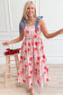 Floral Print Contrast Stitch High Waist Denim Strap Dress