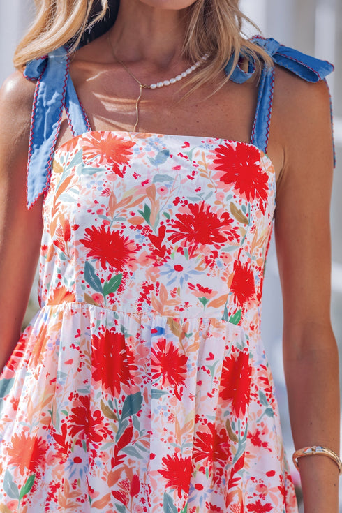 Floral Print Contrast Stitch High Waist Denim Strap Dress