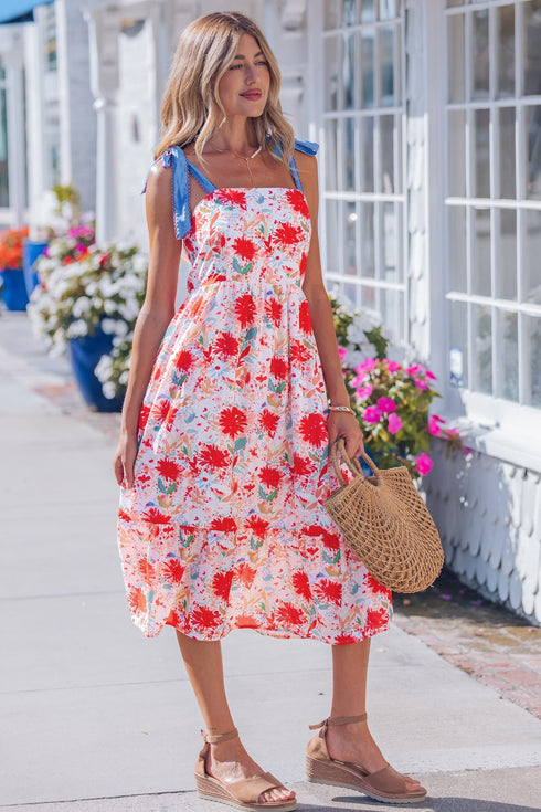 Floral Print Contrast Stitch High Waist Denim Strap Dress