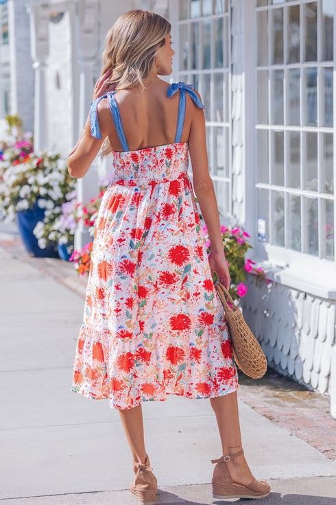 Floral Print Contrast Stitch High Waist Denim Strap Dress