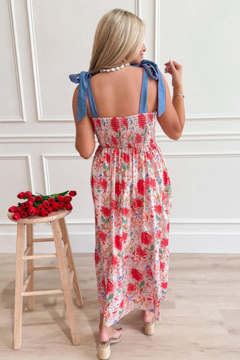 Floral Print Contrast Stitch High Waist Denim Strap Dress