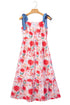 Floral Print Contrast Stitch High Waist Denim Strap Dress