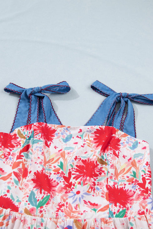 Floral Print Contrast Stitch High Waist Denim Strap Dress