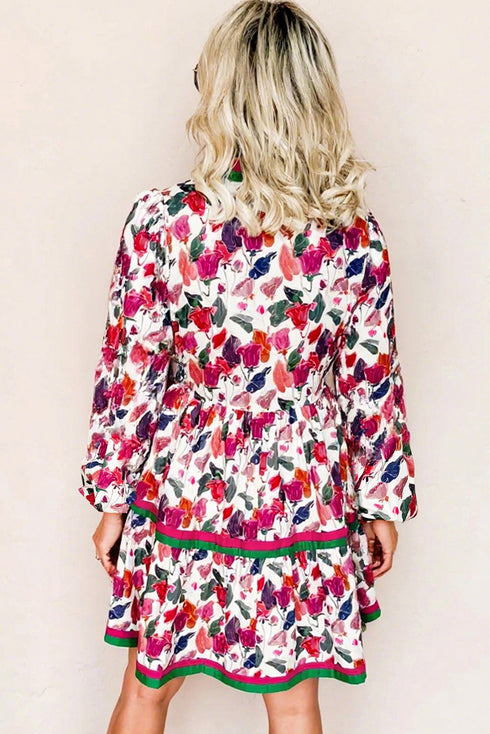 Floral Print Contrast Stripe Detail Long Sleeve Mini Dress