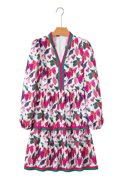 Floral Print Contrast Stripe Detail Long Sleeve Mini Dress