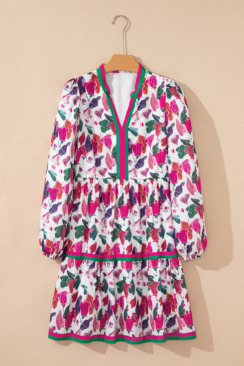 Floral Print Contrast Stripe Detail Long Sleeve Mini Dress