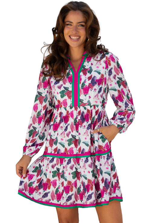 Floral Print Contrast Stripe Detail Long Sleeve Mini Dress