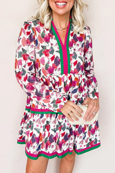 Floral Print Contrast Stripe Detail Long Sleeve Mini Dress