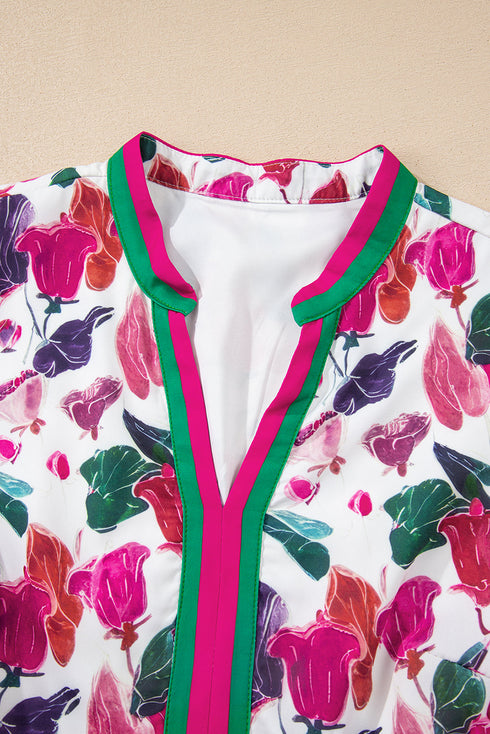 Floral Print Contrast Stripe Detail Long Sleeve Mini Dress