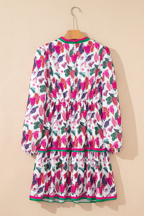 Floral Print Contrast Stripe Detail Long Sleeve Mini Dress
