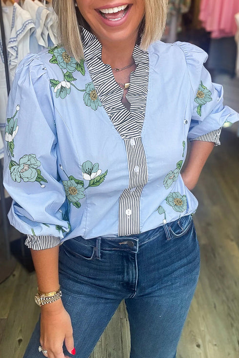 Floral Print Contrast Stripe Trim Ruffled V Neck Blouse