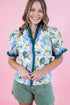 Floral Print Contrast Striped Trim Frilled Short Sleeve Blouse