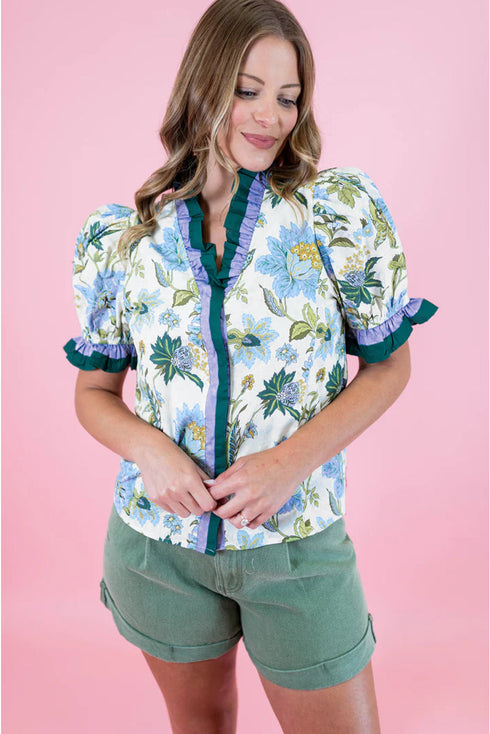 Floral Print Contrast Striped Trim Frilled Short Sleeve Blouse