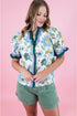 Floral Print Contrast Striped Trim Frilled Short Sleeve Blouse