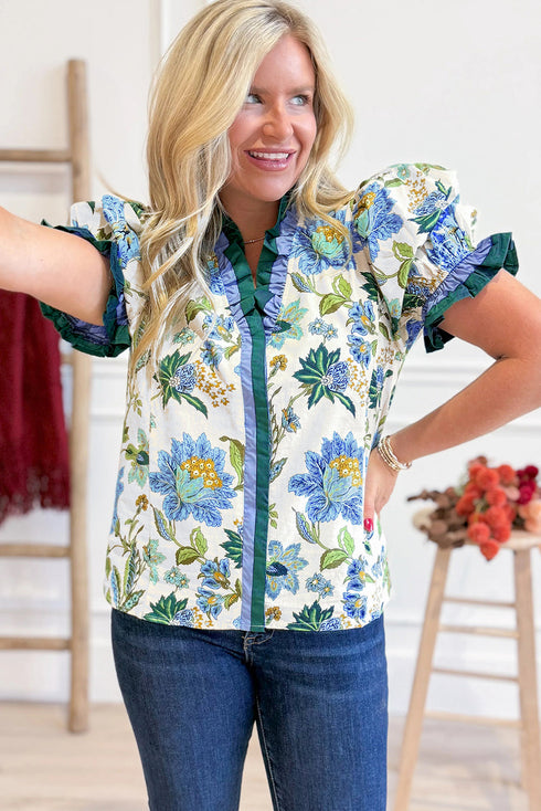 Floral Print Contrast Striped Trim Frilled Short Sleeve Blouse