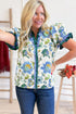 Floral Print Contrast Striped Trim Frilled Short Sleeve Blouse
