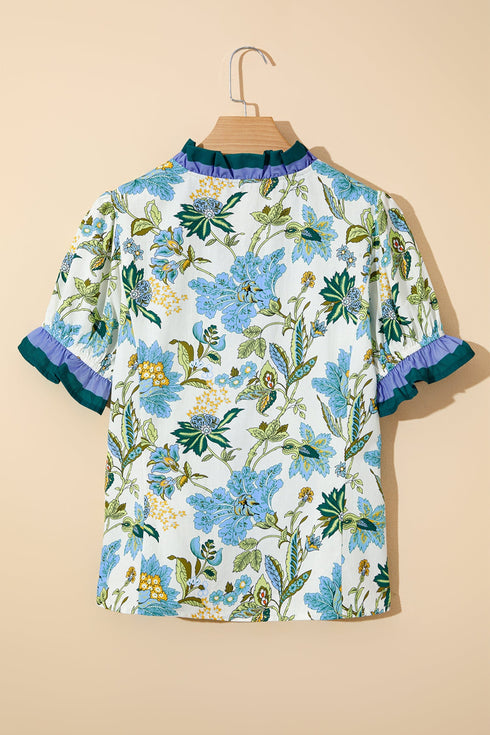 Floral Print Contrast Striped Trim Frilled Short Sleeve Blouse
