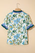 Floral Print Contrast Striped Trim Frilled Short Sleeve Blouse