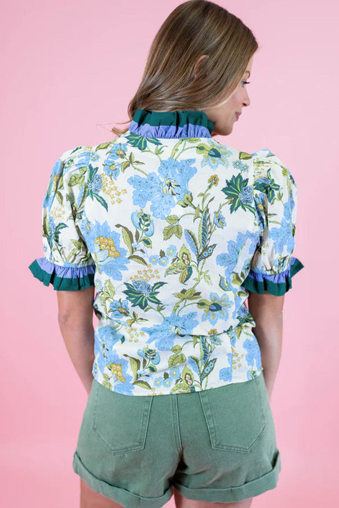 Floral Print Contrast Striped Trim Frilled Short Sleeve Blouse