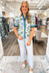 Floral Print Contrast Striped Trim Frilled Short Sleeve Blouse