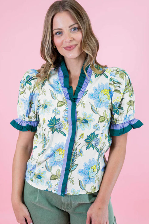 Floral Print Contrast Striped Trim Frilled Short Sleeve Blouse