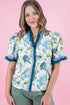 Floral Print Contrast Striped Trim Frilled Short Sleeve Blouse