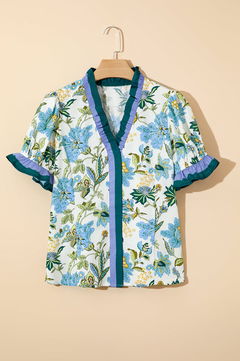Floral Print Contrast Striped Trim Frilled Short Sleeve Blouse