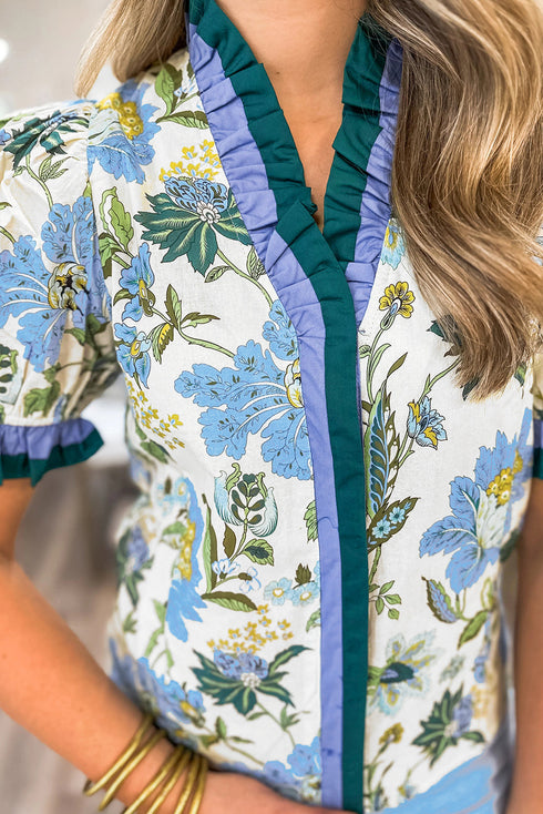 Floral Print Contrast Striped Trim Frilled Short Sleeve Blouse