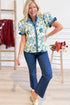 Floral Print Contrast Striped Trim Frilled Short Sleeve Blouse