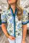 Floral Print Contrast Striped Trim Frilled Short Sleeve Blouse