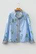 Floral Print Contrast Striped Trim Ruffled V Neck Blouse