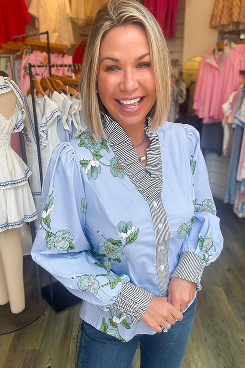 Floral Print Contrast Striped Trim Ruffled V Neck Blouse