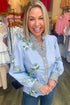 Floral Print Contrast Striped Trim Ruffled V Neck Blouse