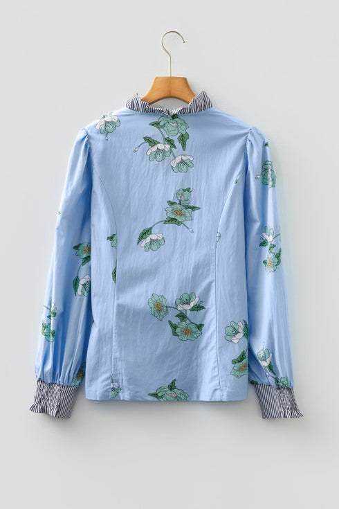 Floral Print Contrast Striped Trim Ruffled V Neck Blouse