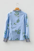 Floral Print Contrast Striped Trim Ruffled V Neck Blouse