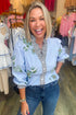 Floral Print Contrast Striped Trim Ruffled V Neck Blouse
