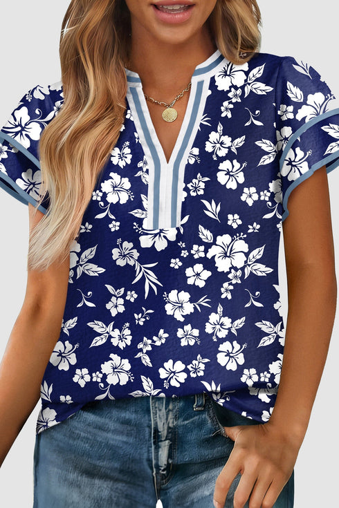 Floral Print Contrast Trim Double Ruffle Sleeve Blouse