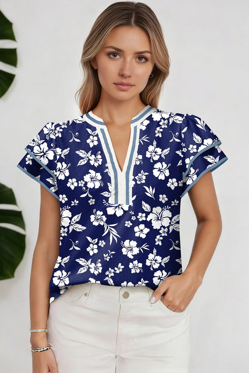 Floral Print Contrast Trim Double Ruffle Sleeve Blouse