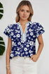 Floral Print Contrast Trim Double Ruffle Sleeve Blouse