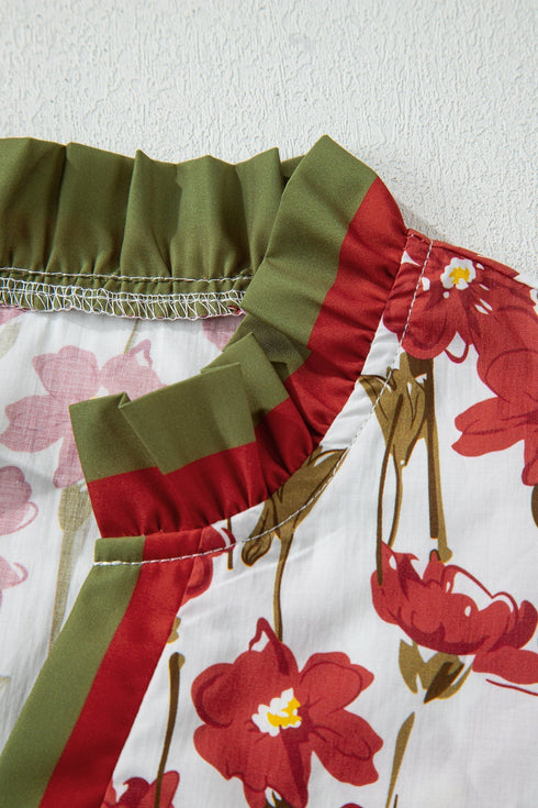 Floral Print Contrast Trim Double Ruffle Sleeve Cotton Blouse
