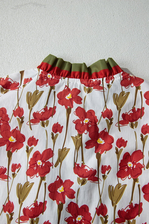 Floral Print Contrast Trim Double Ruffle Sleeve Cotton Blouse