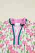 Floral Print Contrast Trim Double Ruffle Sleeve Cotton Blouse